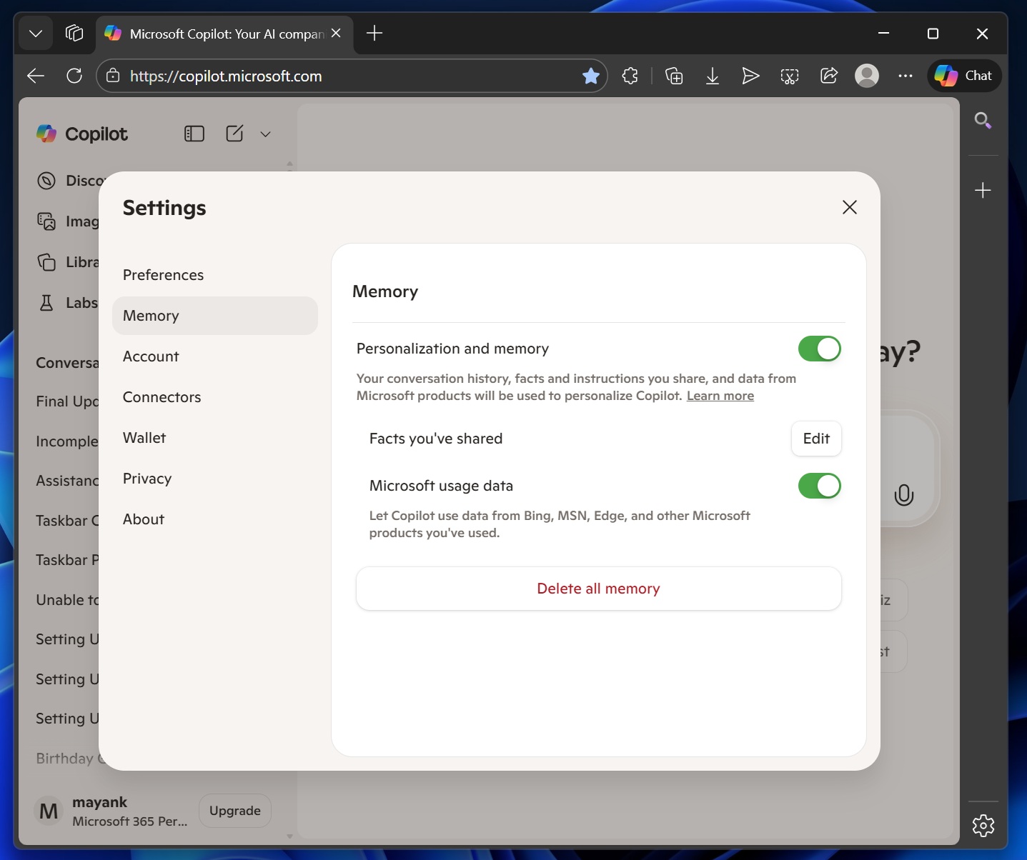 默认开启：Copilot 为 AI 个性化回答，开始抓取你的 Edge / Bing 等微软生态数据