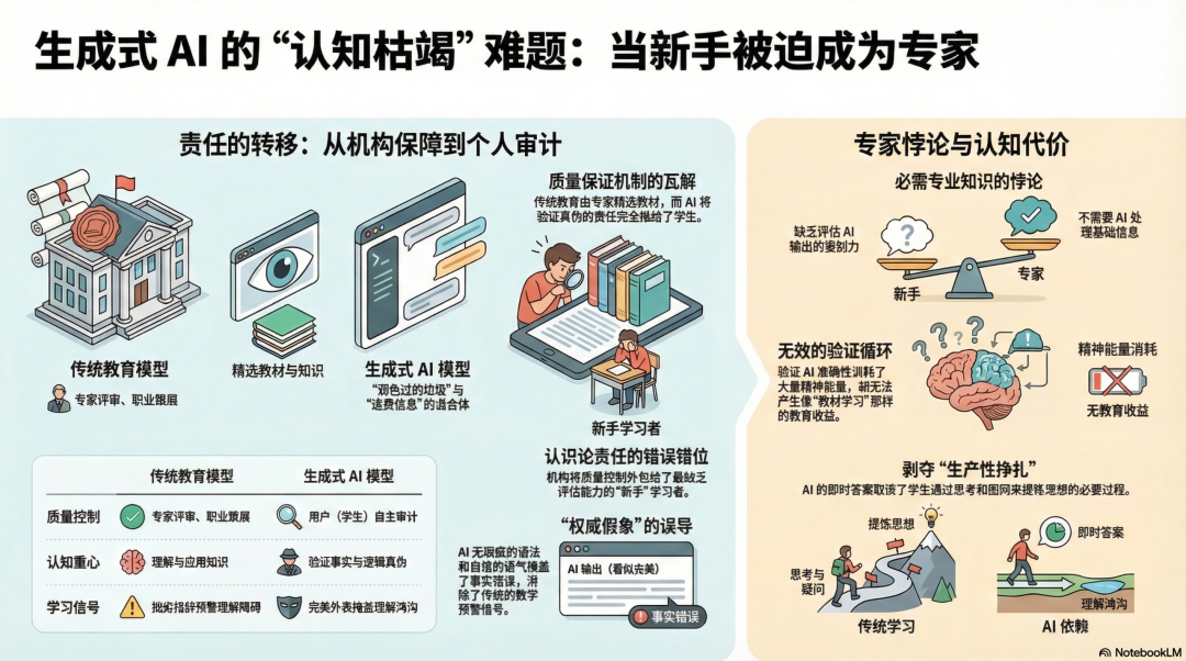 这到底是在赋能，还是在帮倒忙？生成式人工智能将“质量控制的认知责任”转嫁给最不具备判断能力的学习者，从而制造了一种认知疲