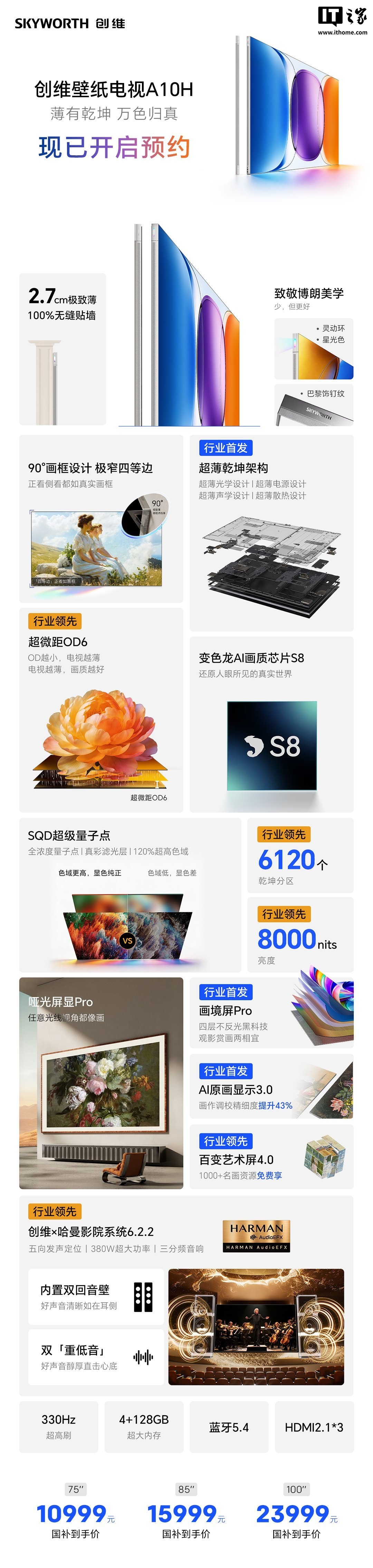 创维壁纸电视 A10H 系列发布：极窄四等边设计、变色龙 AI 画质芯片 S8，首发 12499 元起