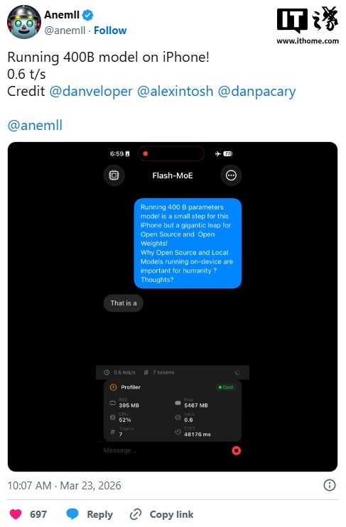 苹果 iPhone 17 Pro 成功运行 4000 亿参数大模型，但速度令人抓狂