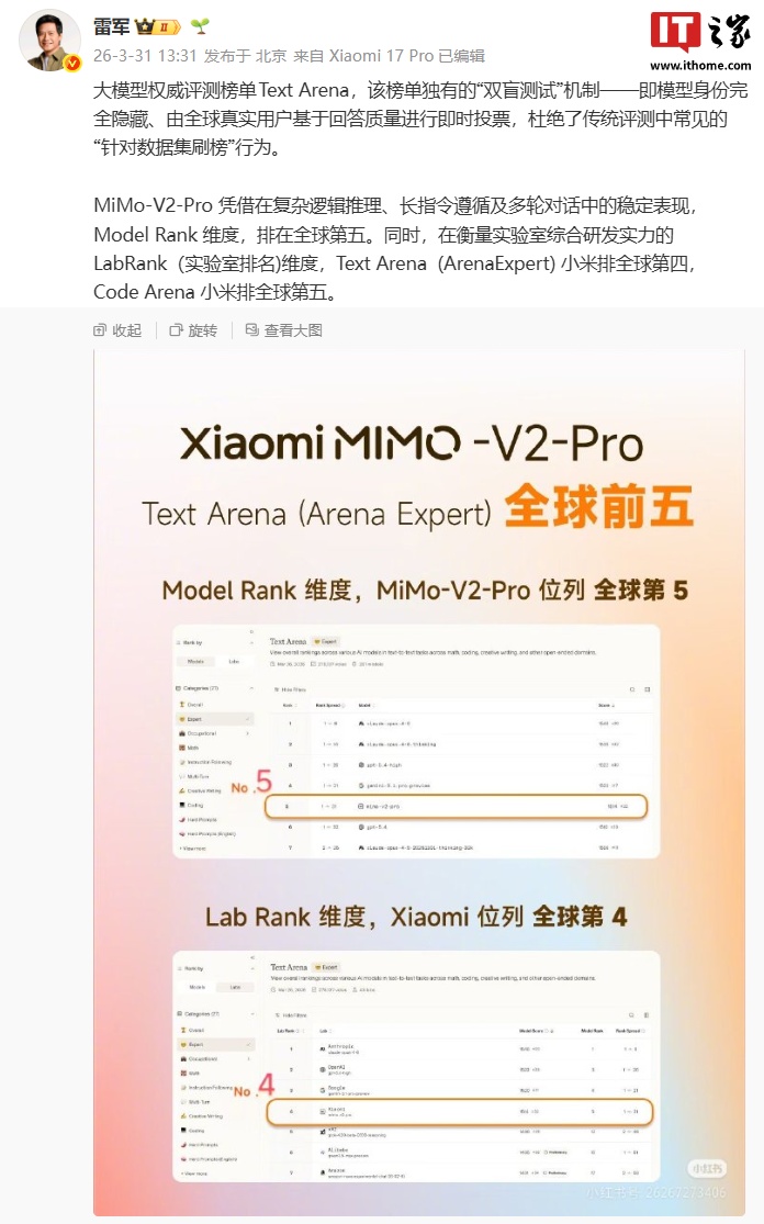 雷军公布小米 MiMo-V2-Pro 大模型最新“战绩”，Text Arena 榜单刷新突破全球前五