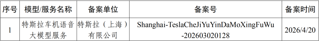 特斯拉车机语音大模型服务在我国上海市完成备案