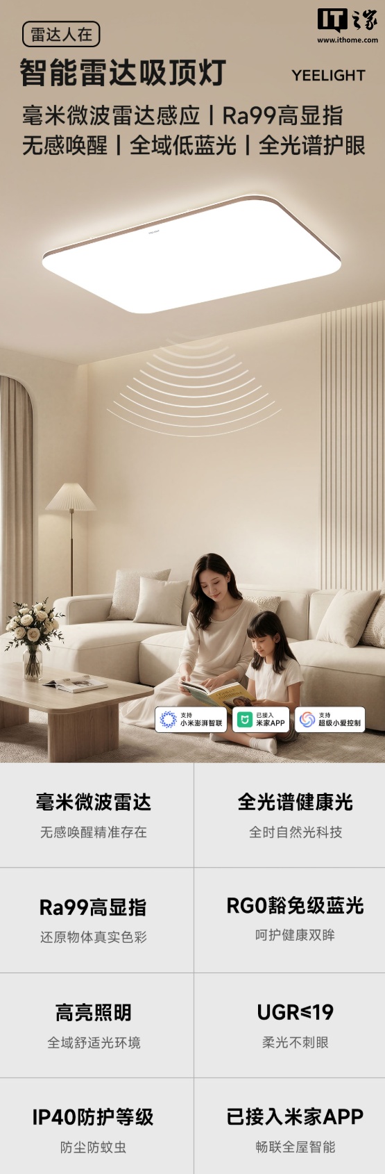 Yeelight 智能雷达人在护眼吸顶灯 RadarSense 现身，众筹价 269 元起