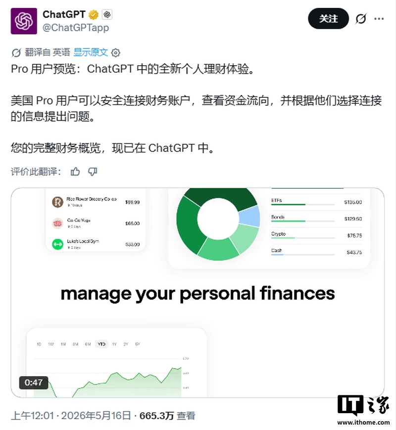 OpenAI 开测 ChatGPT 个人理财：AI 洞察消费、分析旅行支出、规划目标等