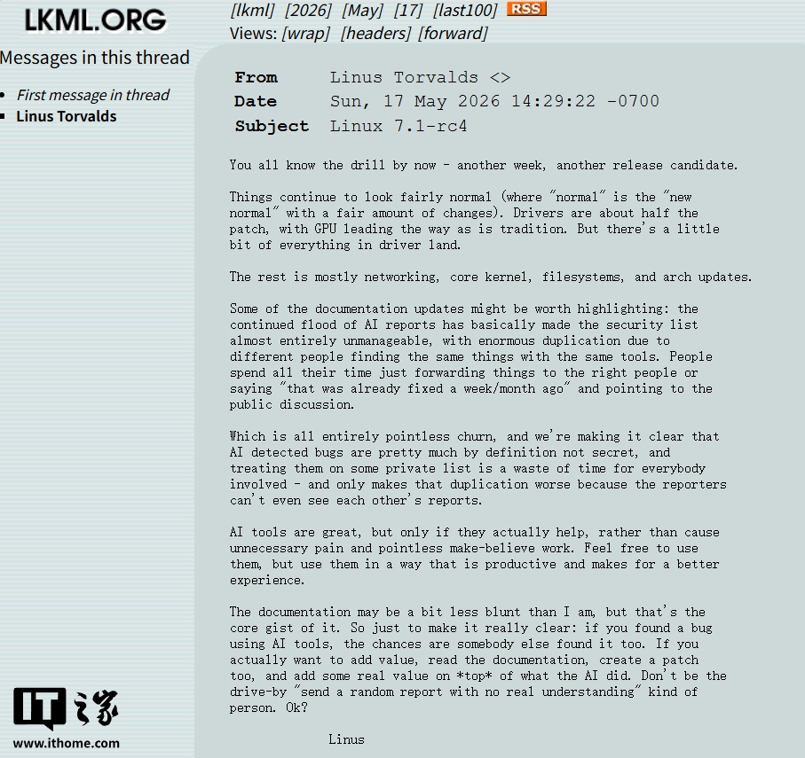 Linux 之父 Linus 发飙：别用 AI 提交大量重复 Bug 报告，直接提修复方案，OK？
