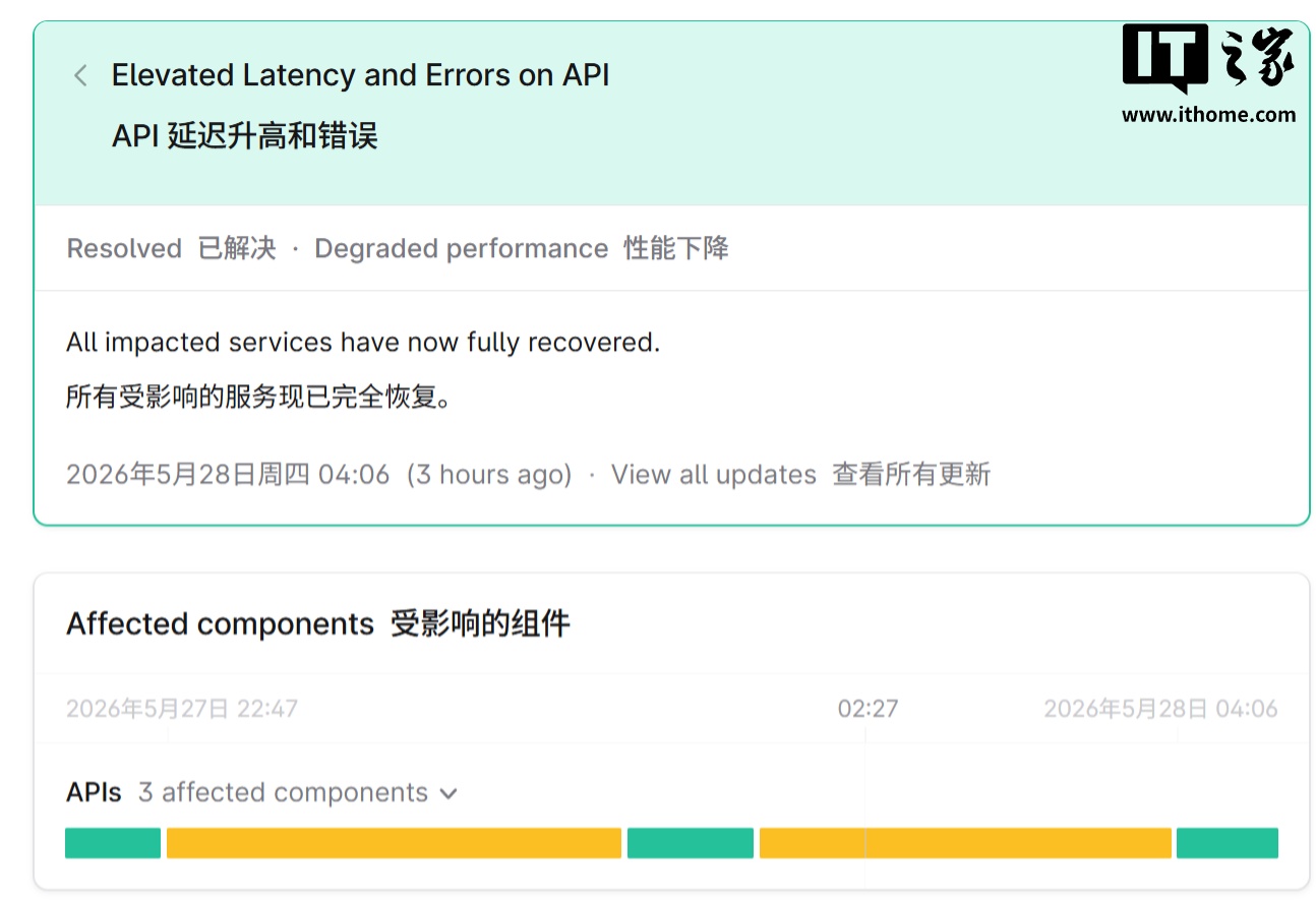 OpenAI 确认 ChatGPT 与 API 昨日出现高延迟，现已修复