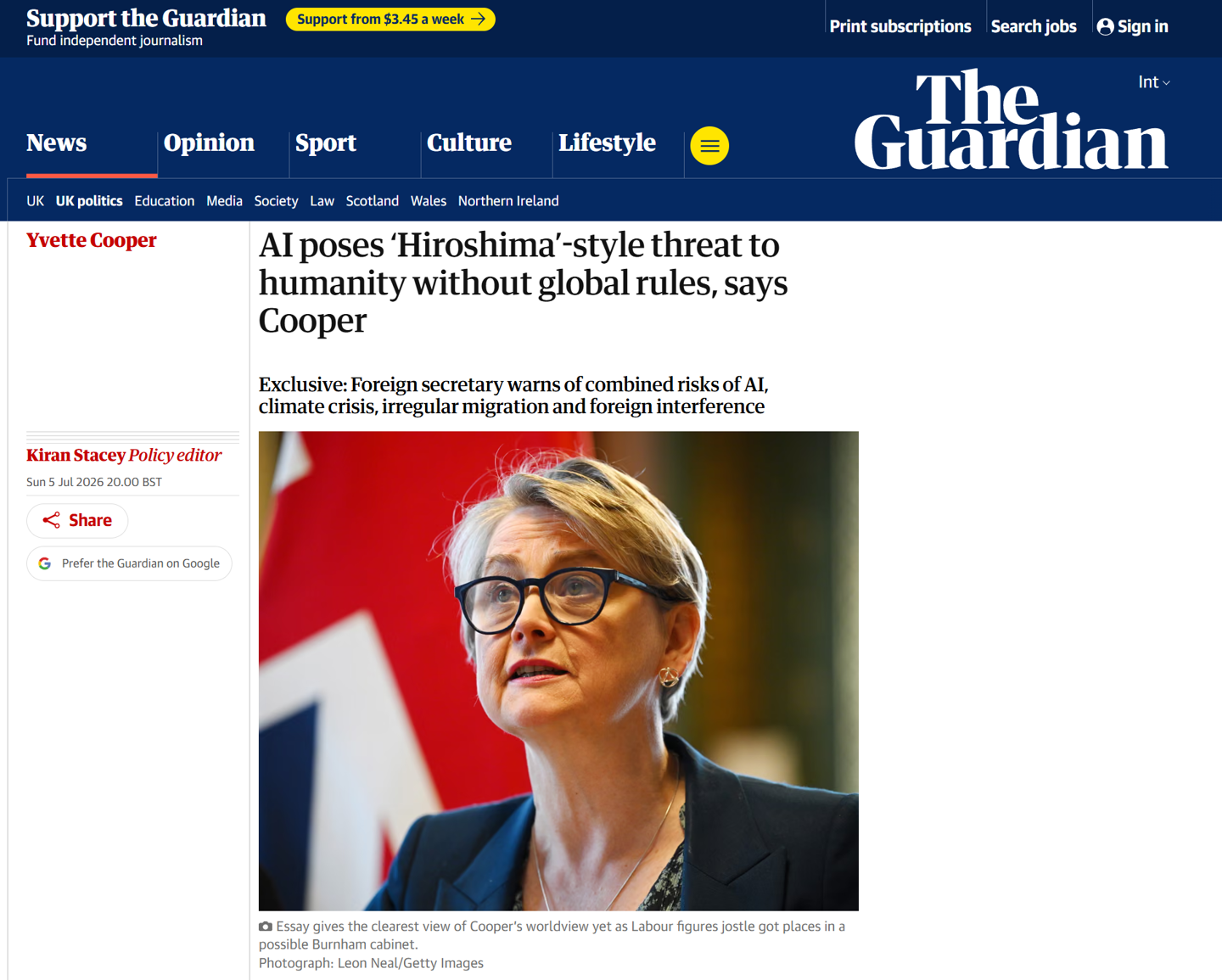 英国外交大臣库珀警告：AI 或成未来 10 年最大安全挑战，世界各国必须建立紧急防护措施
