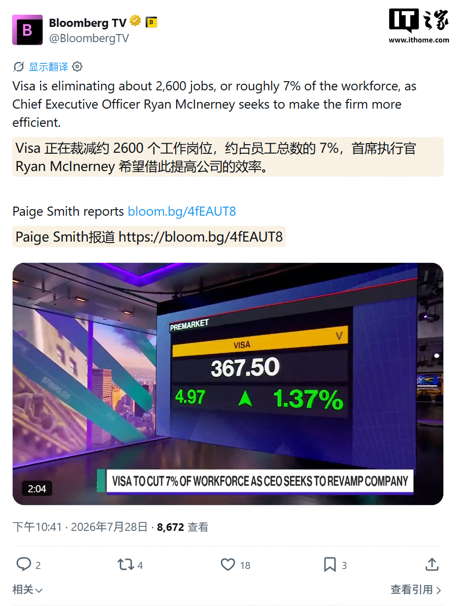 占比约 7%：全球最大信用卡支付机构 Visa 计划裁员约 2600 人